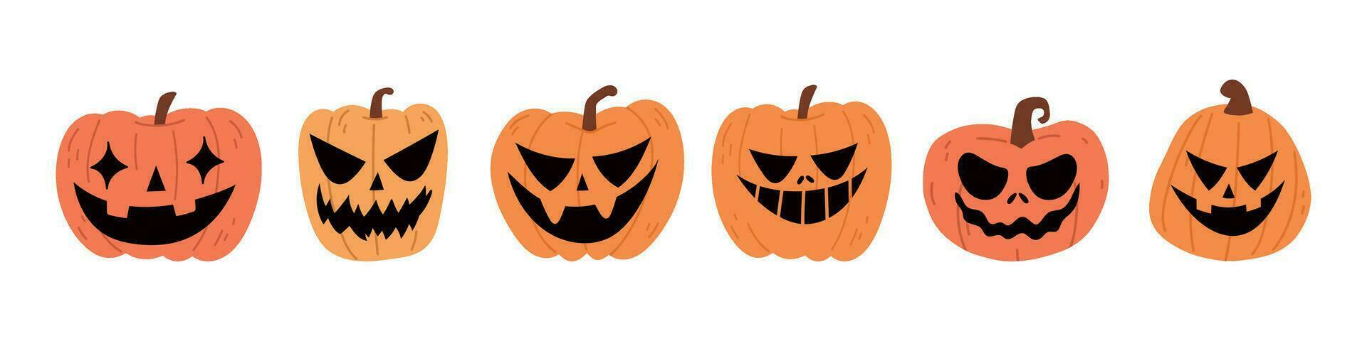 linda Víspera de Todos los Santos calabaza colocar. sonriente dibujos animados linterna caras. helloween fiesta caracteres en el forma de calabaza plano ilustraciones aislado en blanco antecedentes. vector