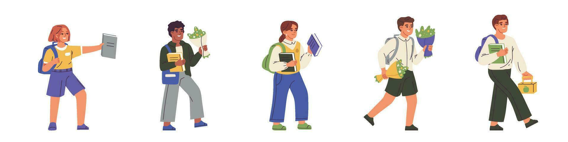 Happy Pupils Going to School. Children with bags, heading for an autumn day of learning. Boys and girls carrying books in their backpacks. Flat illustrations isolated on white background. vector