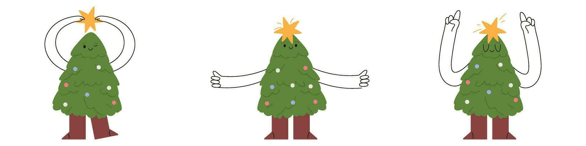 Cute Christmas Tree Character Concept. Cartoon with a fun smile, hands and boots. Holiday spirit illuminated by festive lights. Fun way to welcome the New Year. Flat illustrations isolated vector