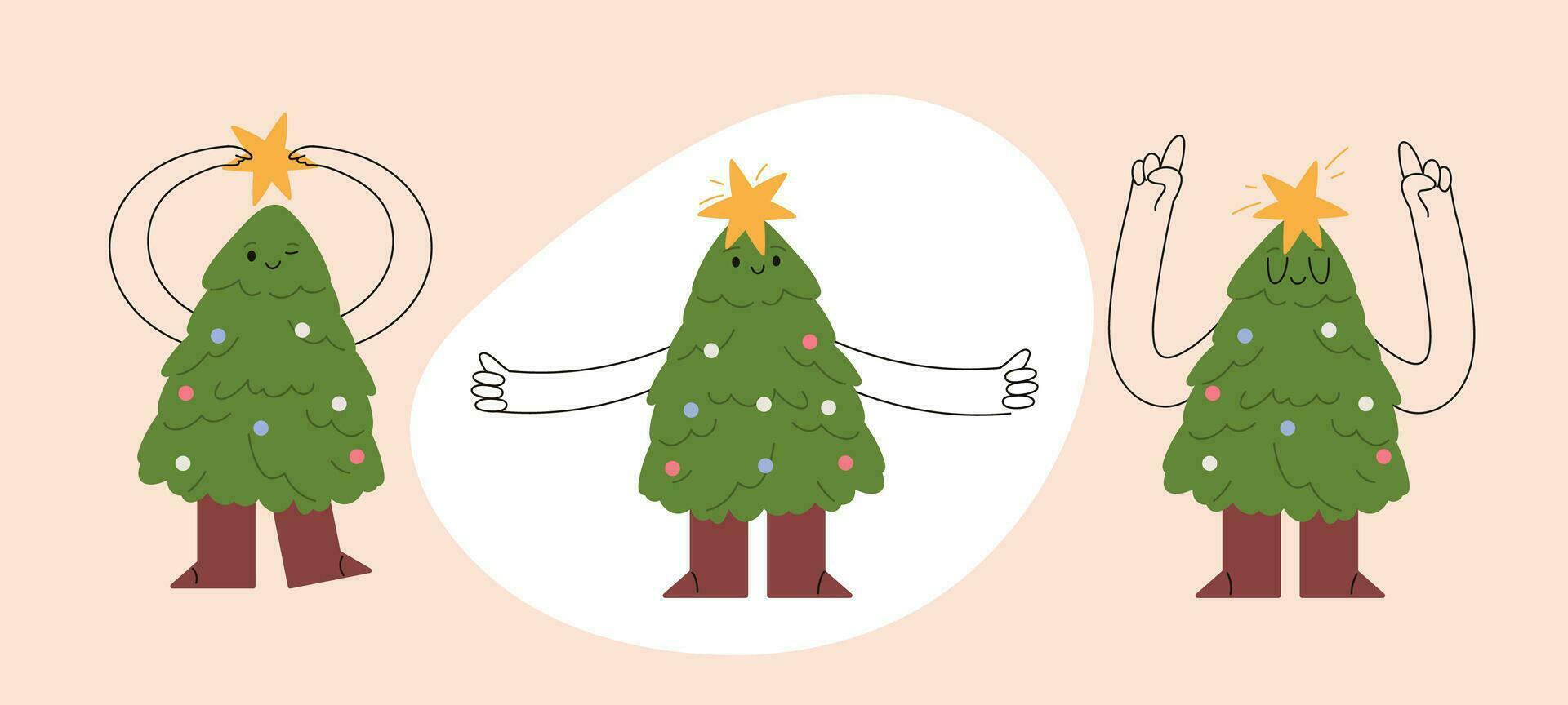 Happy Xmas Tree Cartoon set. Fun character with a cute smile, boots, and hands, brightened by Christmas lights. A joyful way to welcome the New Year. Flat illustrations isolated on white background. vector