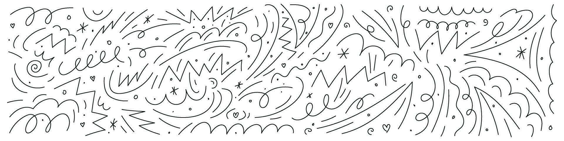 Squiggly lines in pencil, doodles, scribbles, brush squiggles, chalk patterns. Crayon curlicues, swirls in strokes, abstract designs. Flat vector illustrations isolated on white background