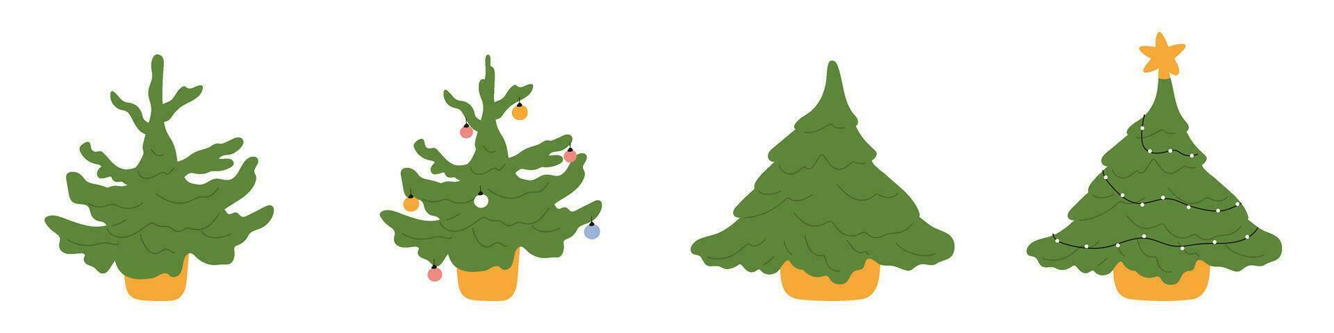 Hand-Drawn Christmas Tree Icon. Festive Xmas Spruce. Green Fir Cartoon with Decorated Ornaments. Flat Illustrations Isolated on White Background. vector