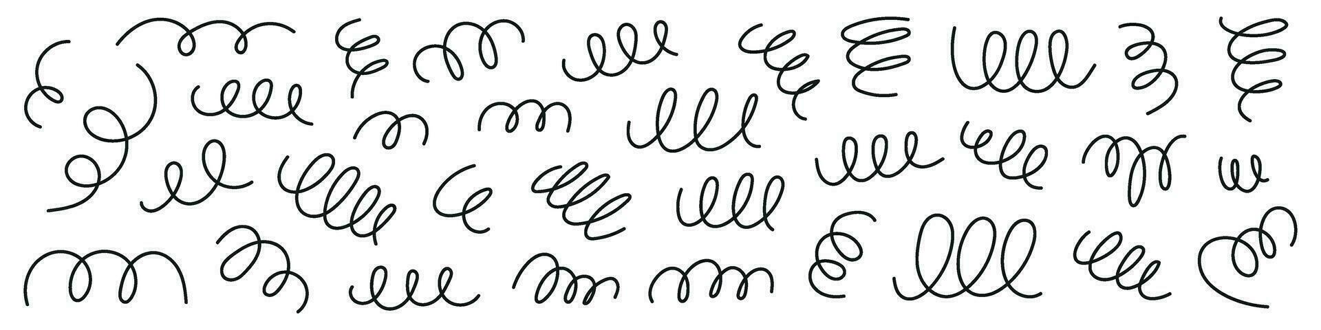 Lines of spirals, springs, icons geometrically looped, shapes coiled, squiggles in graphics, zigzagging wires, oval thin designs, circle doodles. Flat vector illustrations isolated on white background