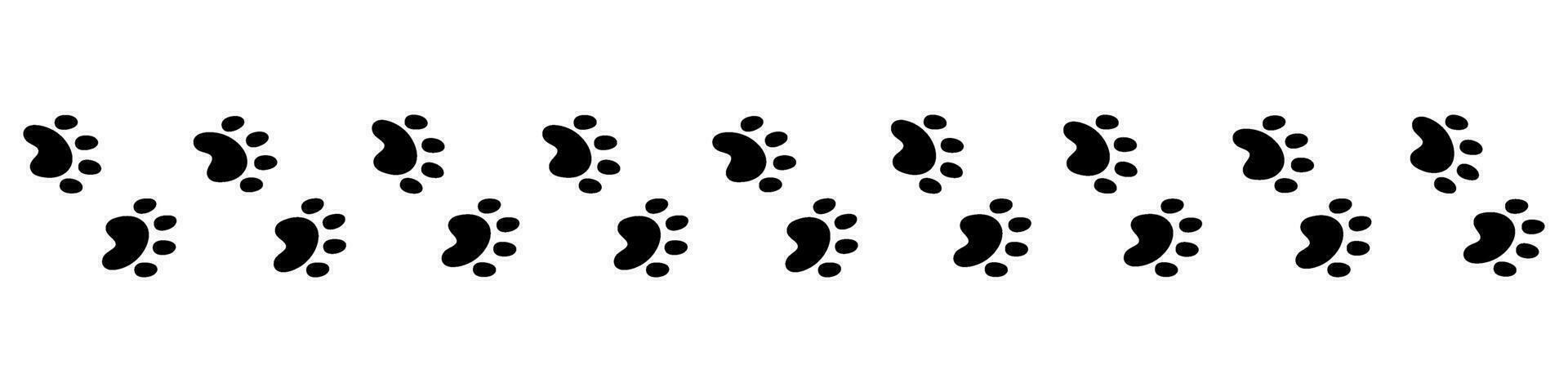 Paw prints of dogs, cat footprints, animalistic patterns, pet steps, puppy foot symbols, tracks, silhouette icons. Flat vector illustrations isolated on white background.