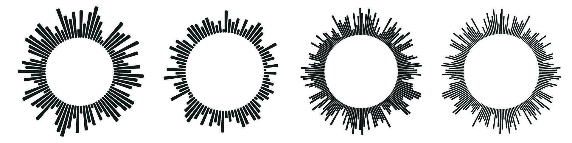 Audio waves for music sounds, equalizer graphics, round circle logos, radio voice spectrum, beat symbols, soundwave in circular form. Flat vector illustrations isolated on white background