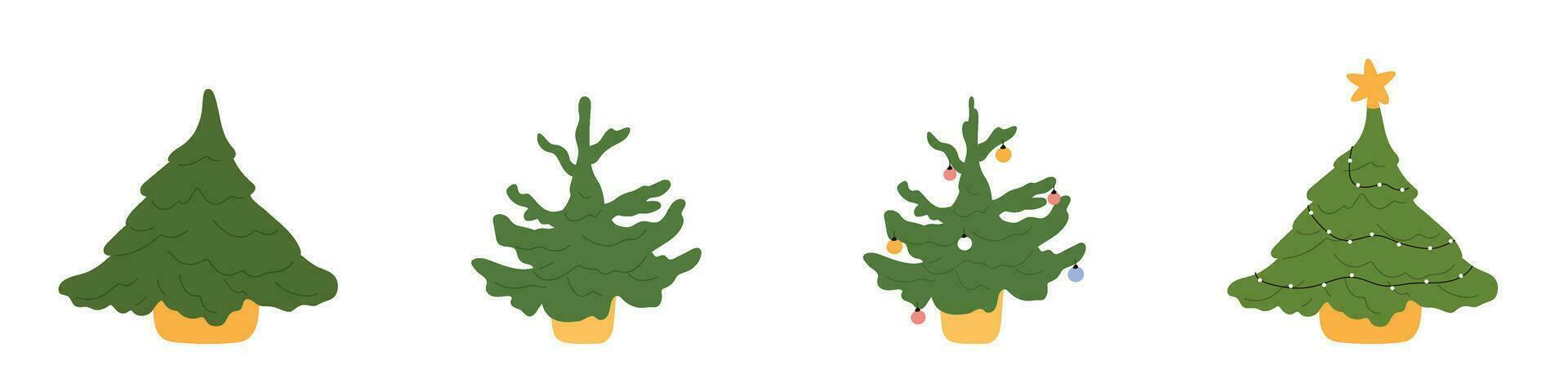 Hand-Drawn Christmas Tree Icon. Festive Xmas Spruce. Green Fir Cartoon with Decorated Ornaments. Flat Illustrations Isolated on White Background. vector