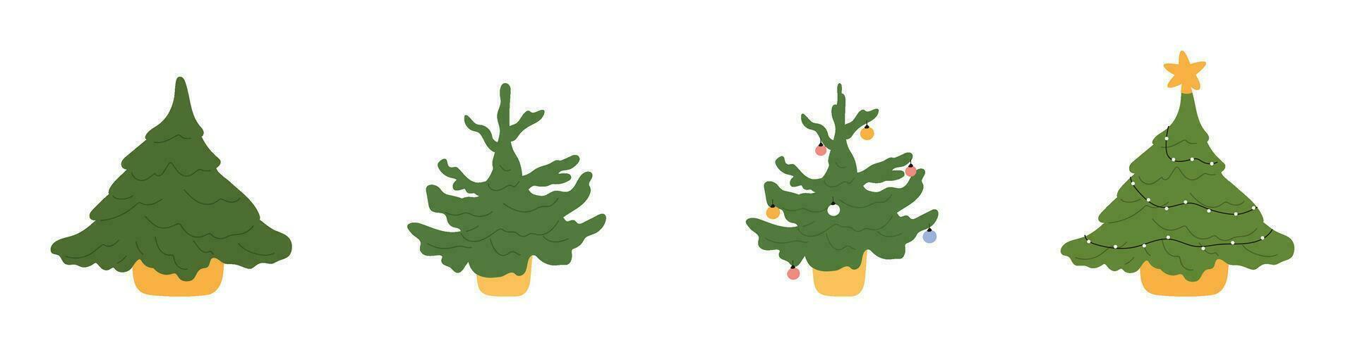 dibujado a mano Navidad árbol icono. festivo Navidad abeto. verde abeto dibujos animados con decorado adornos plano ilustraciones aislado en blanco antecedentes. vector