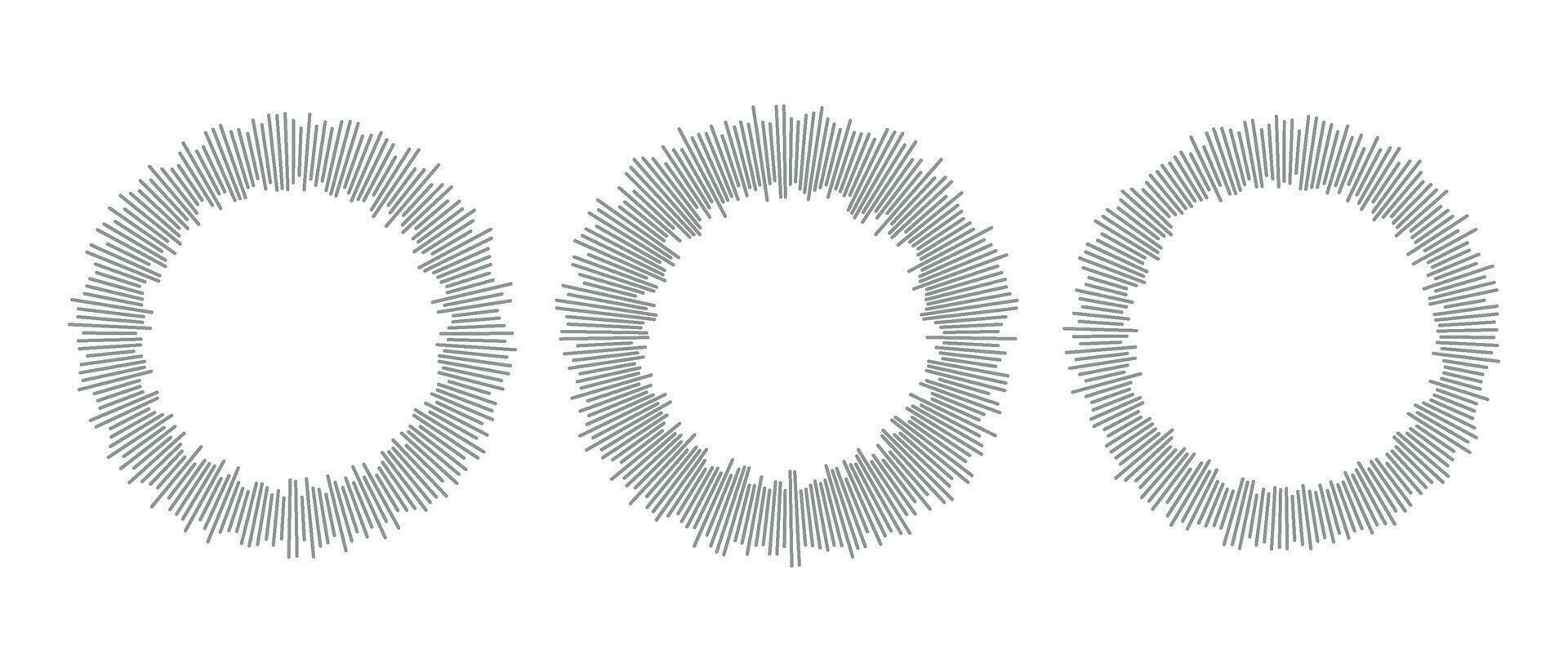 Audio waves for music sounds, equalizer graphics, round circle logos, radio voice spectrum, beat symbols, soundwave in circular form. Flat vector illustrations isolated on white background