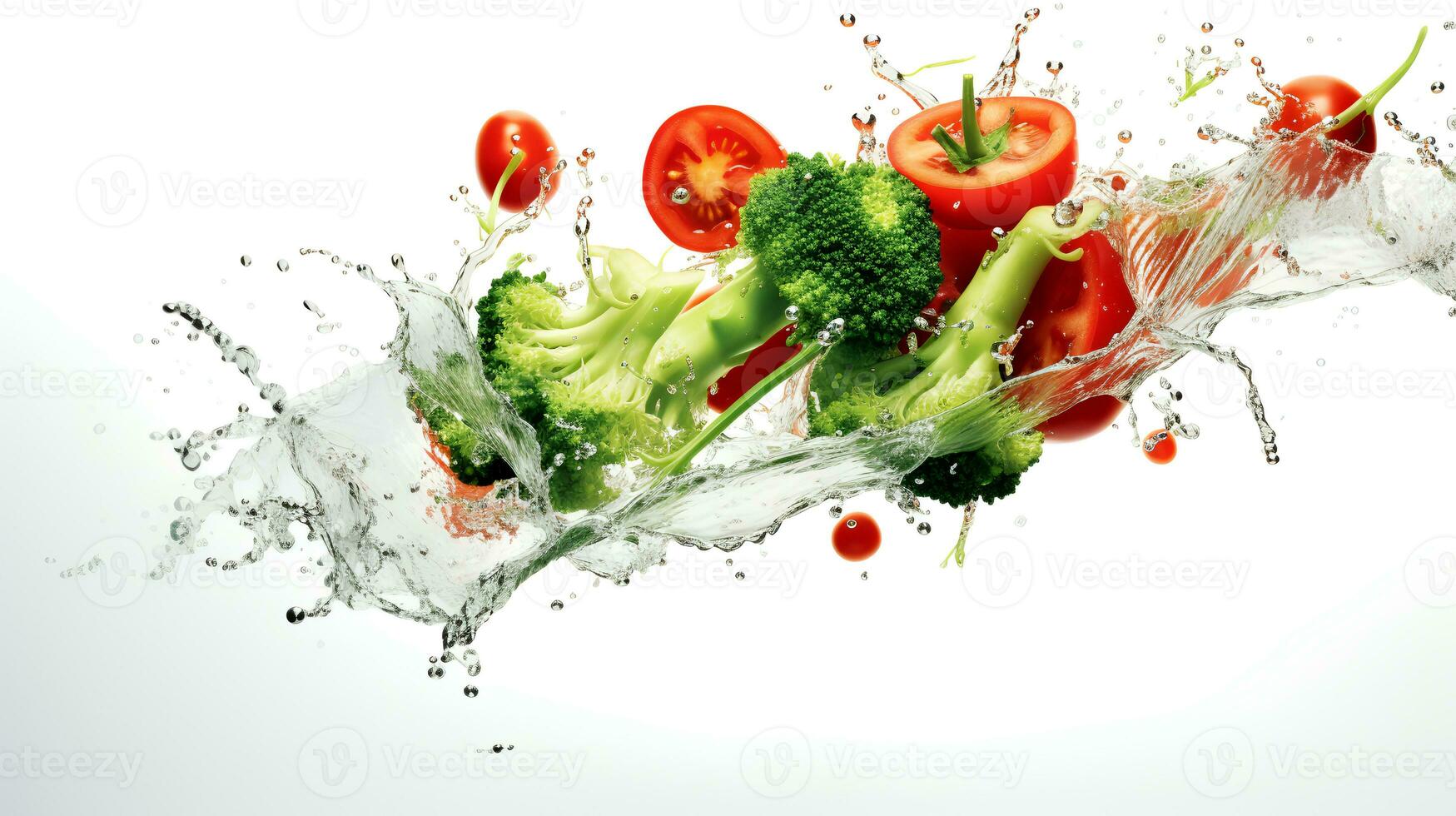 Photo of Tomatoes and broccoli with splash water isolated on white background