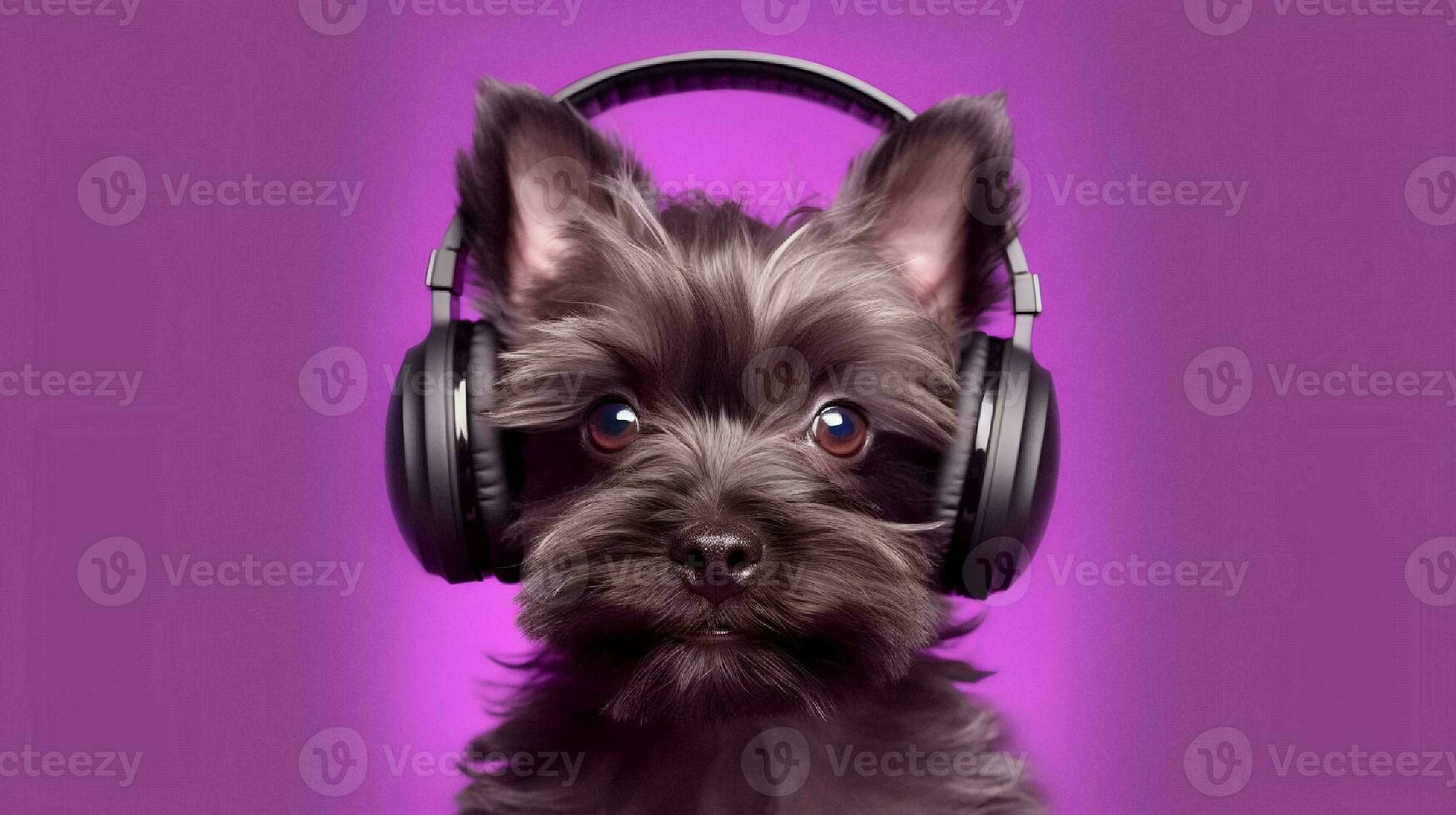 Photo of Affenpinscher using headphone  on purple background. Generative AI