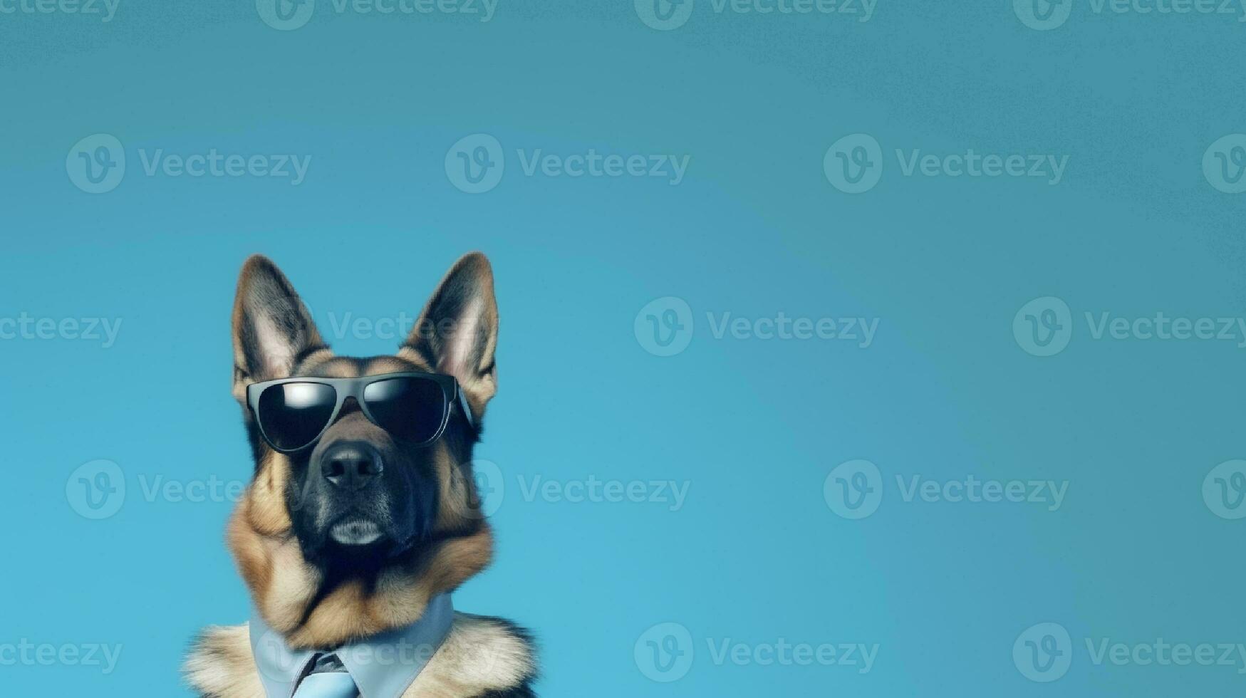 Photo of haughty german shepherd using sunglasses  and office suit on white background. Generative AI