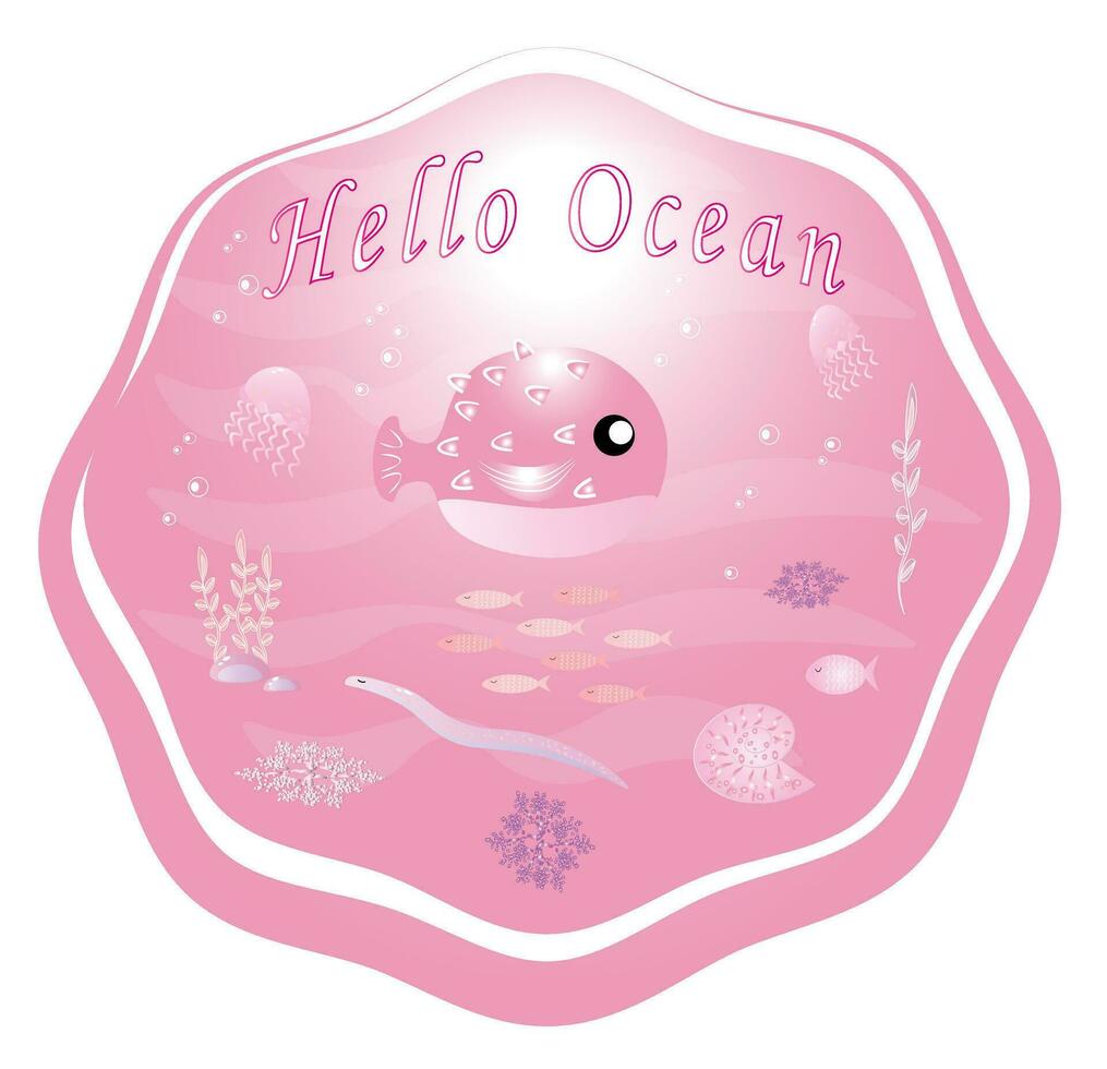 Vector pink trendy background with crab, fish, clams and the inscription - hello ocean. Vector graphics.Barbie style EPS10