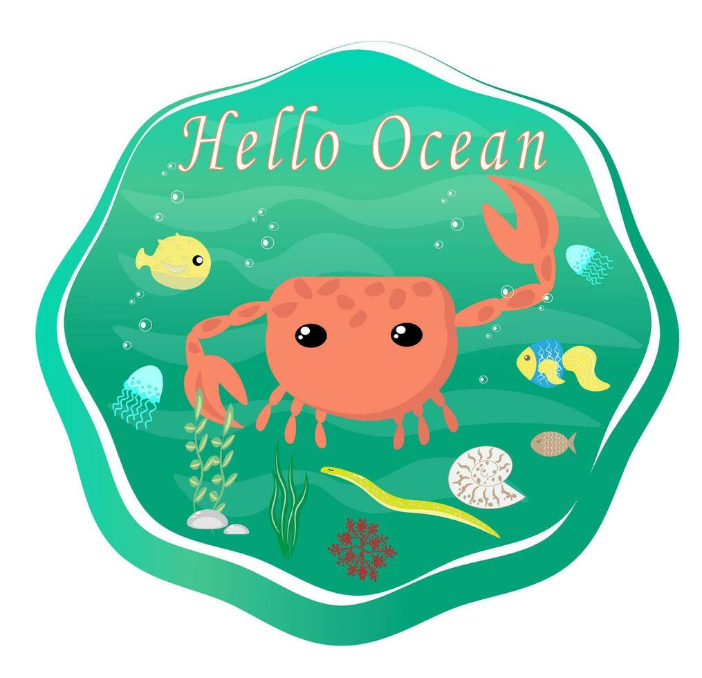 vector ilustración cangrejo marina a el fondo de el Oceano modelo bandera Hola Oceano eps10