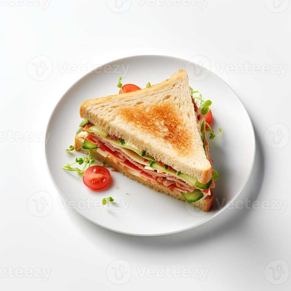 Food photography of sandwich on plate isolated on white background. Generative AI photo