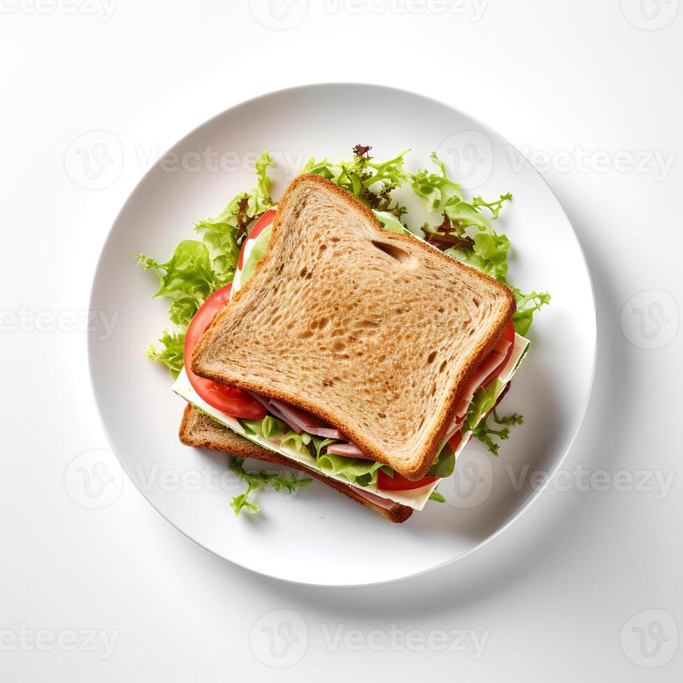 Food photography of sandwich on plate isolated on white background. photo