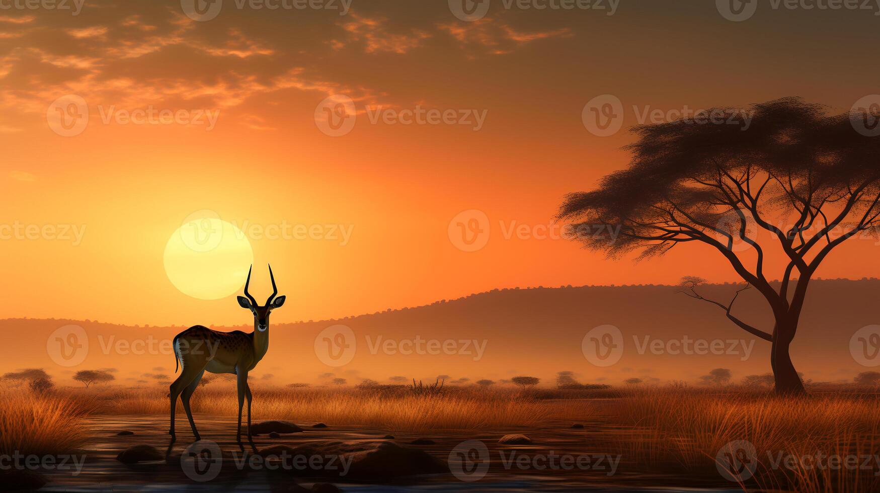 Photo of Impala on savanna at sunset. Generative AI