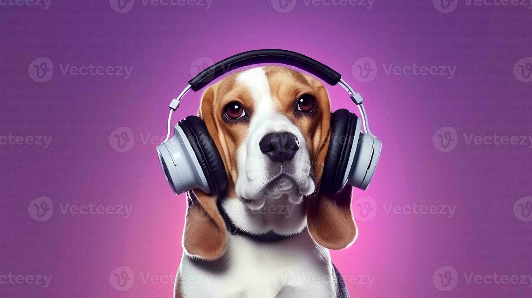 Photo of Beagle using headphone  on purple background