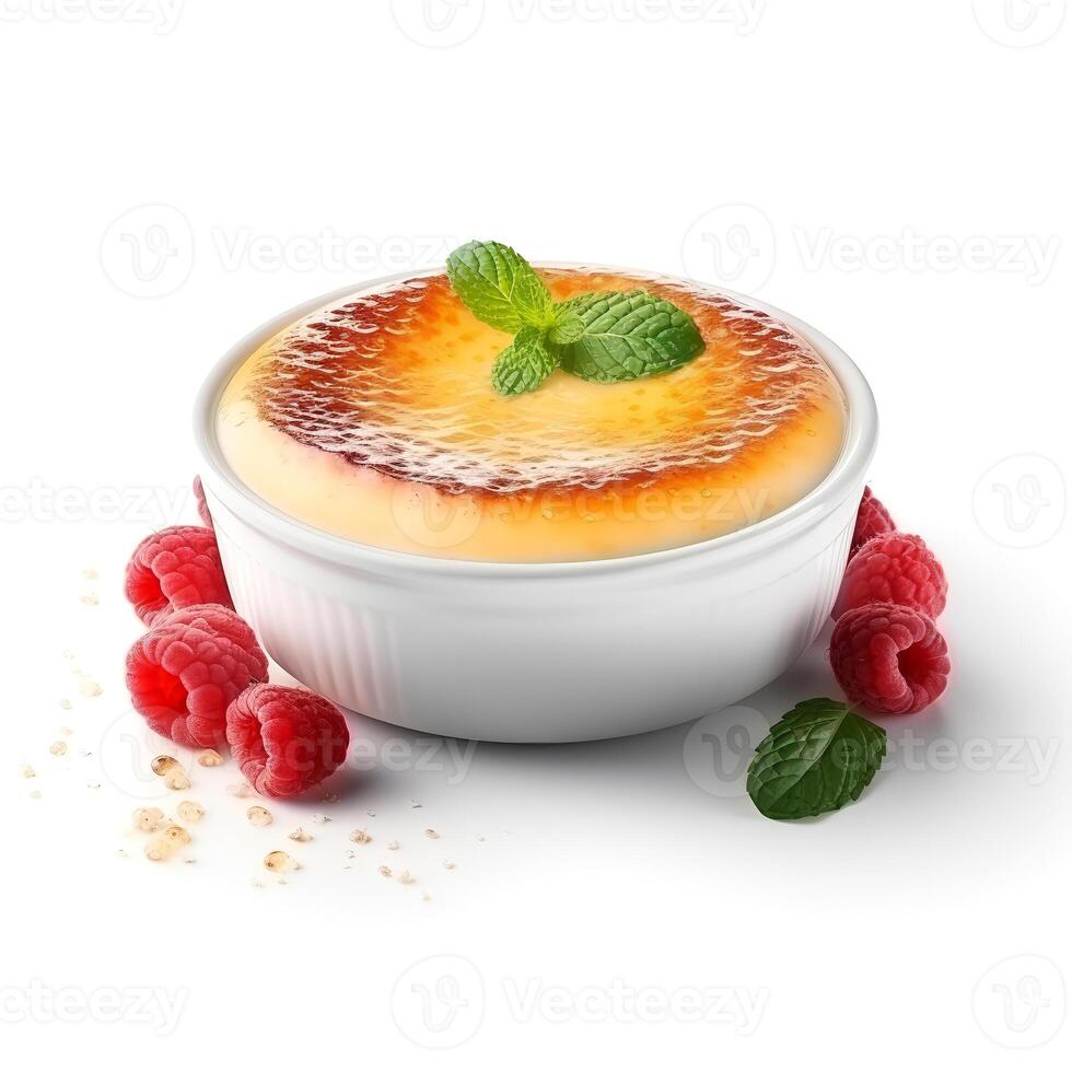 Photo of Creme Brulee with berries isolated on white background. Created by