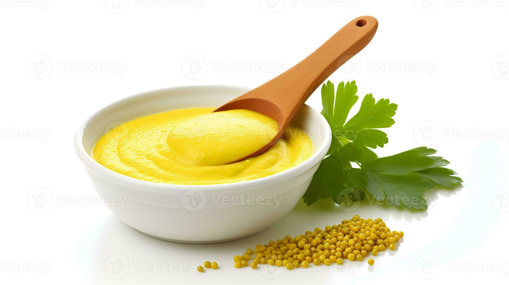 Photo of Mustard on bowl with green leaf isolated on white background
