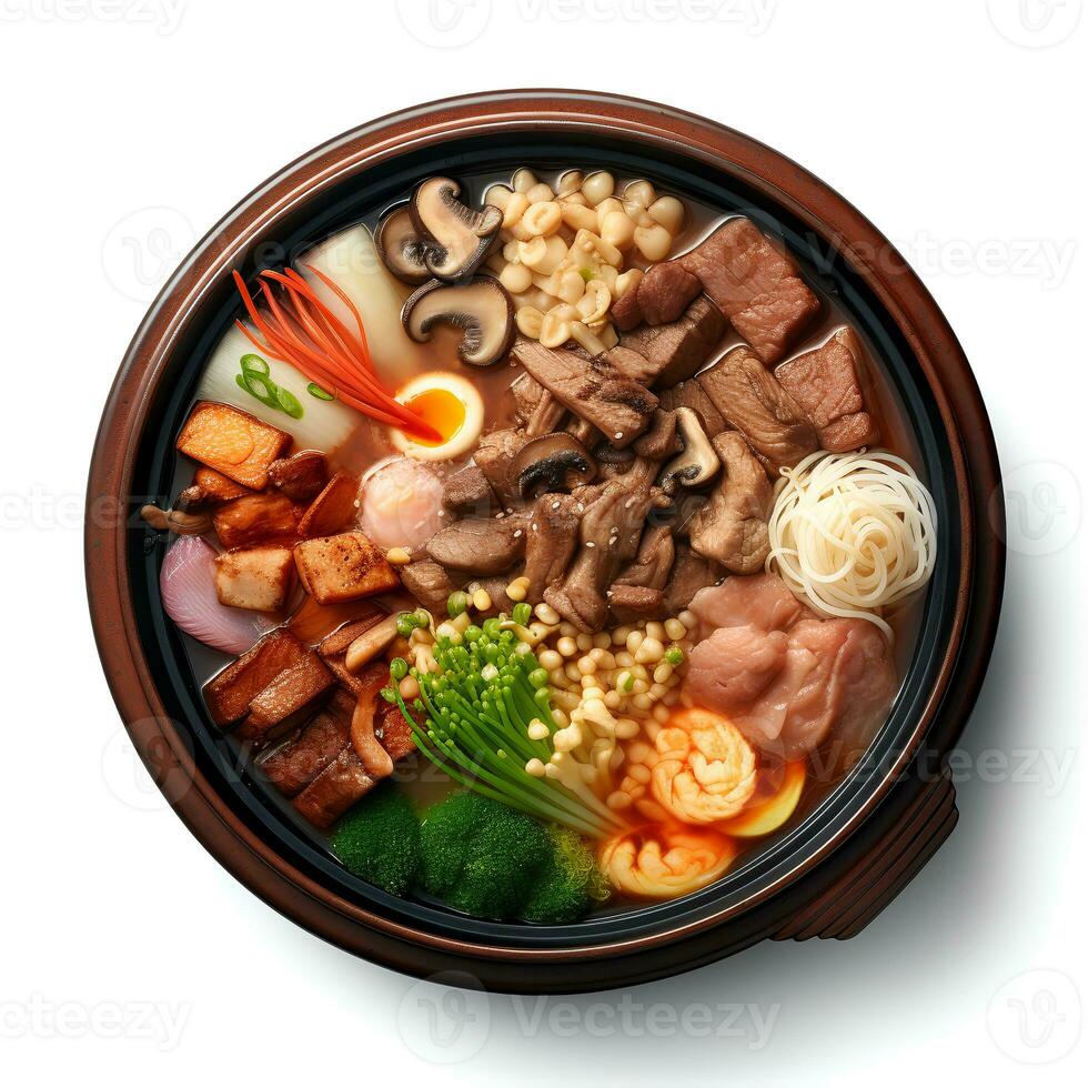 Food photography of Sukiyaki on black bowl isolated on white background. Generative AI photo