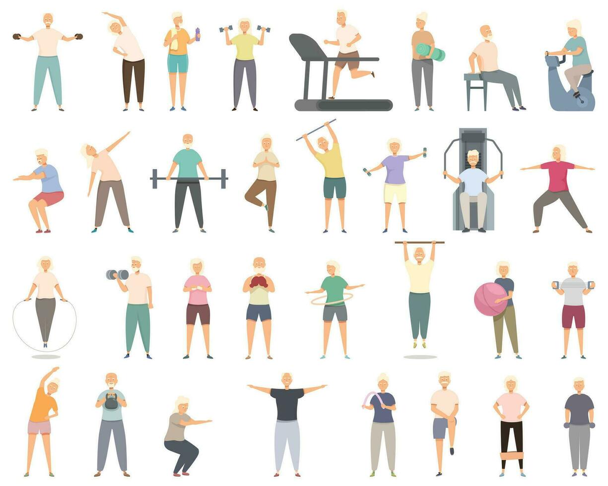 mayor personas en el gimnasio íconos conjunto dibujos animados vector. activo formación vector