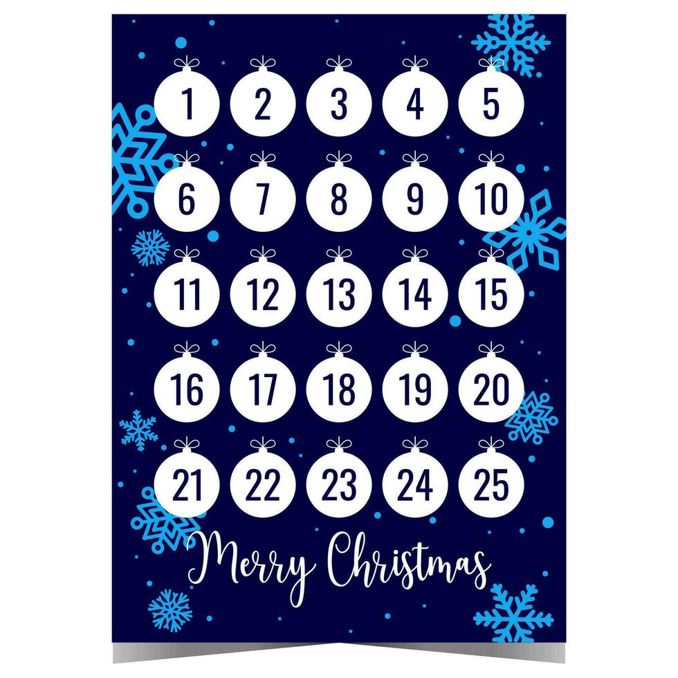 Advent calendar with Christmas tree balls or globes and snowflakes on background to count the days until surprise Christmas Eve. Celebratory winter holidays poster with dates from 1 to 25 December. vector