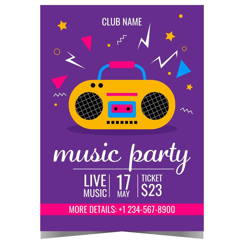 Music party invitation poster or promo banner with vintage tape recorder and colourful abstract graphic elements on the blue background. Disco dance concept. Ready to print vector illustration.