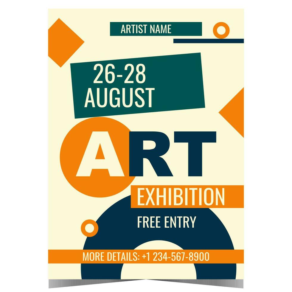 Art exhibition poster or banner with abstract geometric shapes on the background. Invitation leaflet or promo flyer for culture event, sculpture exposition in museum, picture and photo gallery. vector