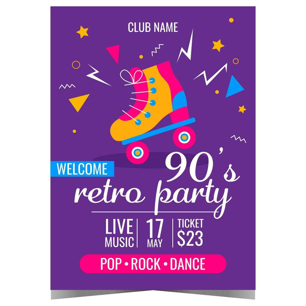 Retro music party poster in 90's style with vintage disco roller skates and colourful abstract graphic elements on the blue background. Invitation for disco dance event in the night club. vector