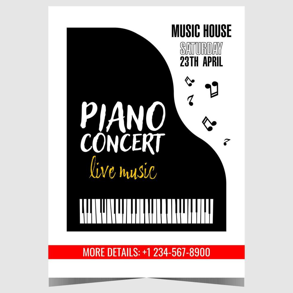 Piano concert invitation flyer, promo banner or poster with black grand piano and musical notes in the white background. Vector design template of leaflet or booklet for piano live music festival.