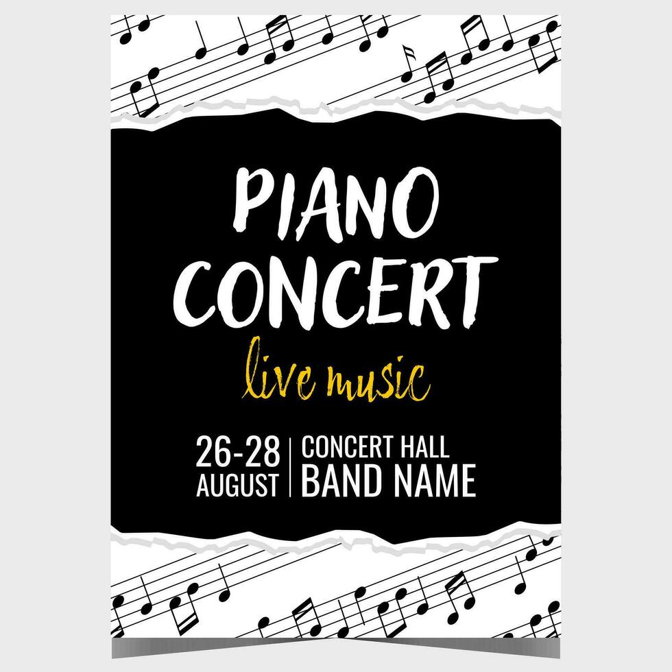 Vector illustration for live piano music concert with white musical notes on the black background. Promo poster or banner, invitation leaflet or flyer for classical piano music concert or festival.