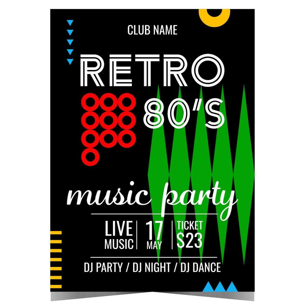 Retro music party vector illustration with 80's vintage graphic elements on black background. Retro music concert promo poster or banner, invitation leaflet or flyer for disco dance club event.