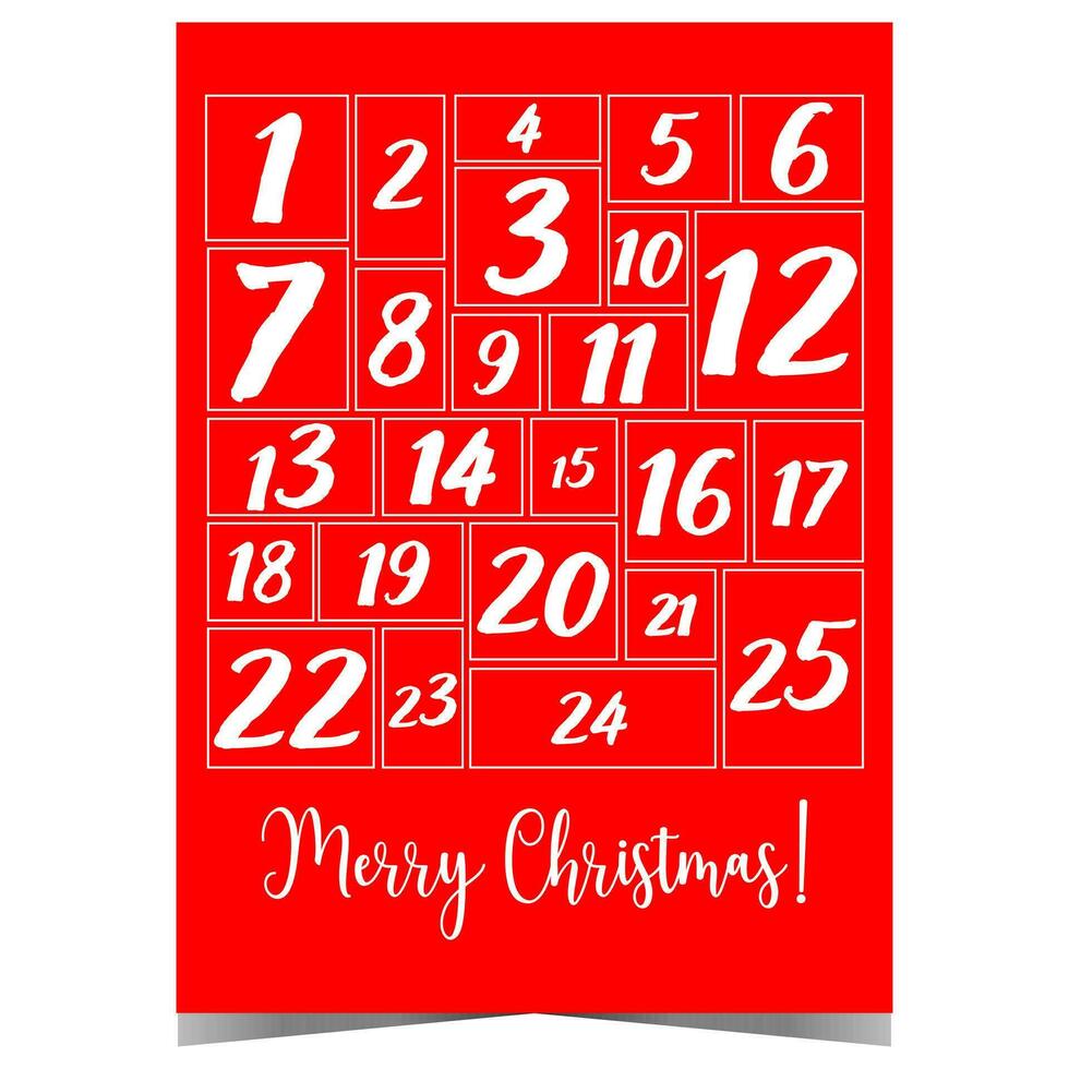 alegre Navidad diciembre adviento calendario con fechas desde 1 a 25 a contar el dias de adviento en anticipación de Navidad víspera. Listo a impresión invierno Días festivos cuenta regresiva rojo blanco póster. vector