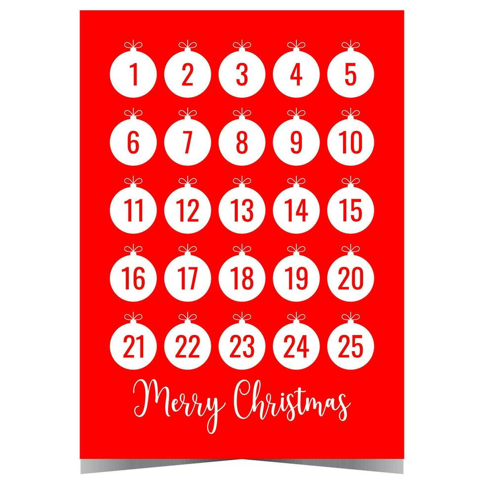 Christmas Advent calendar with Christmas tree decoration balls on red 