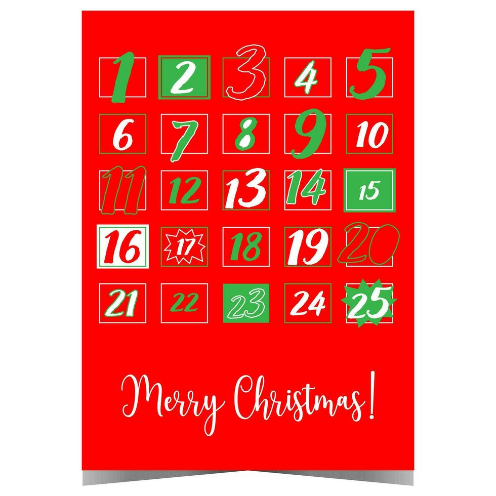 adviento calendario para Navidad con fechas desde 1 a 25 diciembre en verde, rojo, blanco colores. Navidad póster diseño a cuenta regresiva el dias Hasta que invierno vacaciones, Navidad víspera, recepción regalos desde Papa Noel. vector