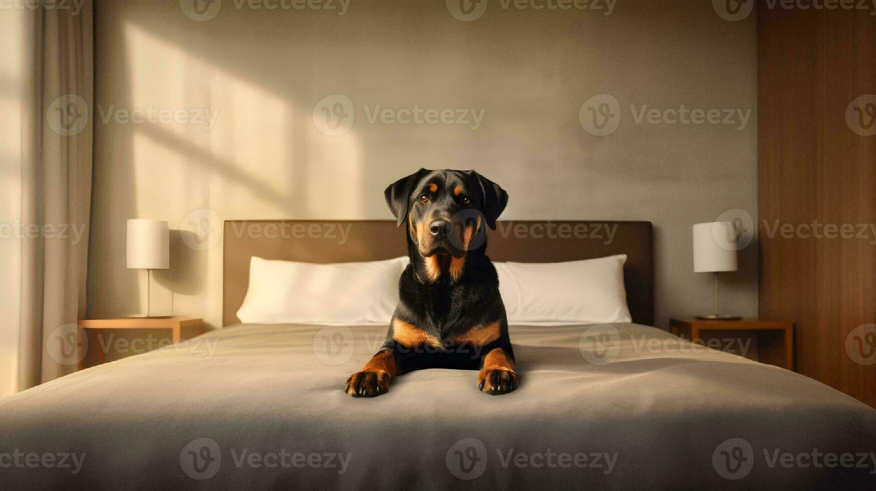 Rottweiler dog lying on bed in hotel with contemporary interior design. Generative AI photo