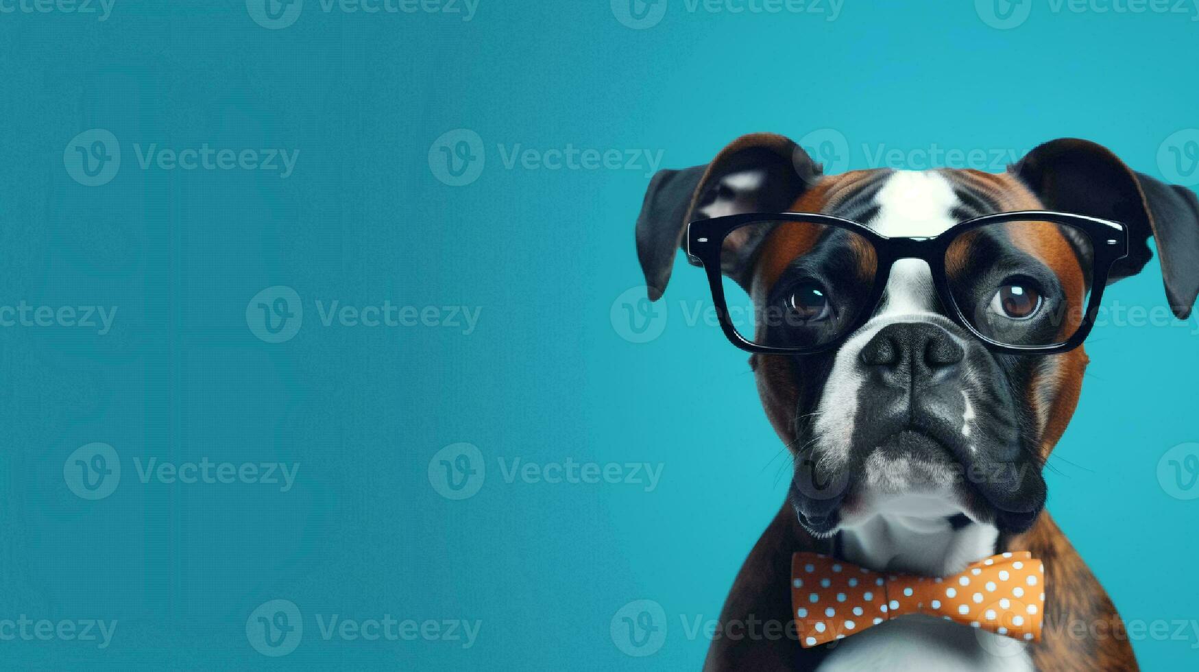 Boxer dog using glasses on blue background. Generative AI photo