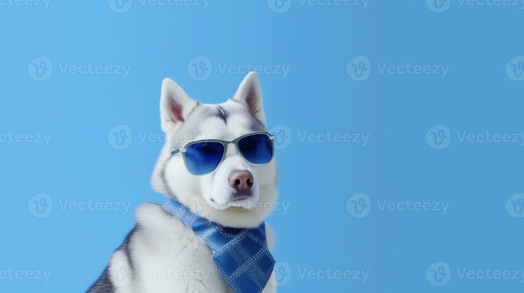 Photo of haughty siberian husky using glasses  and office suit on white background. Generative AI