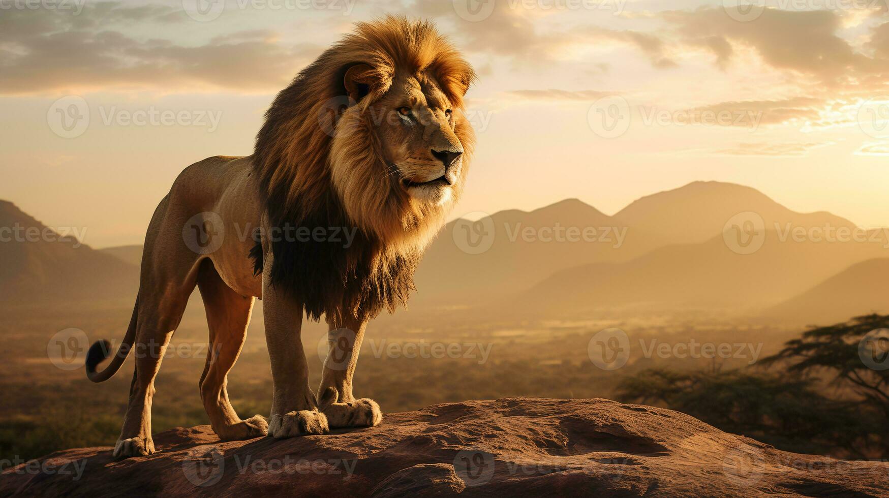 Photo of lion on savanna at sunset. Generative AI