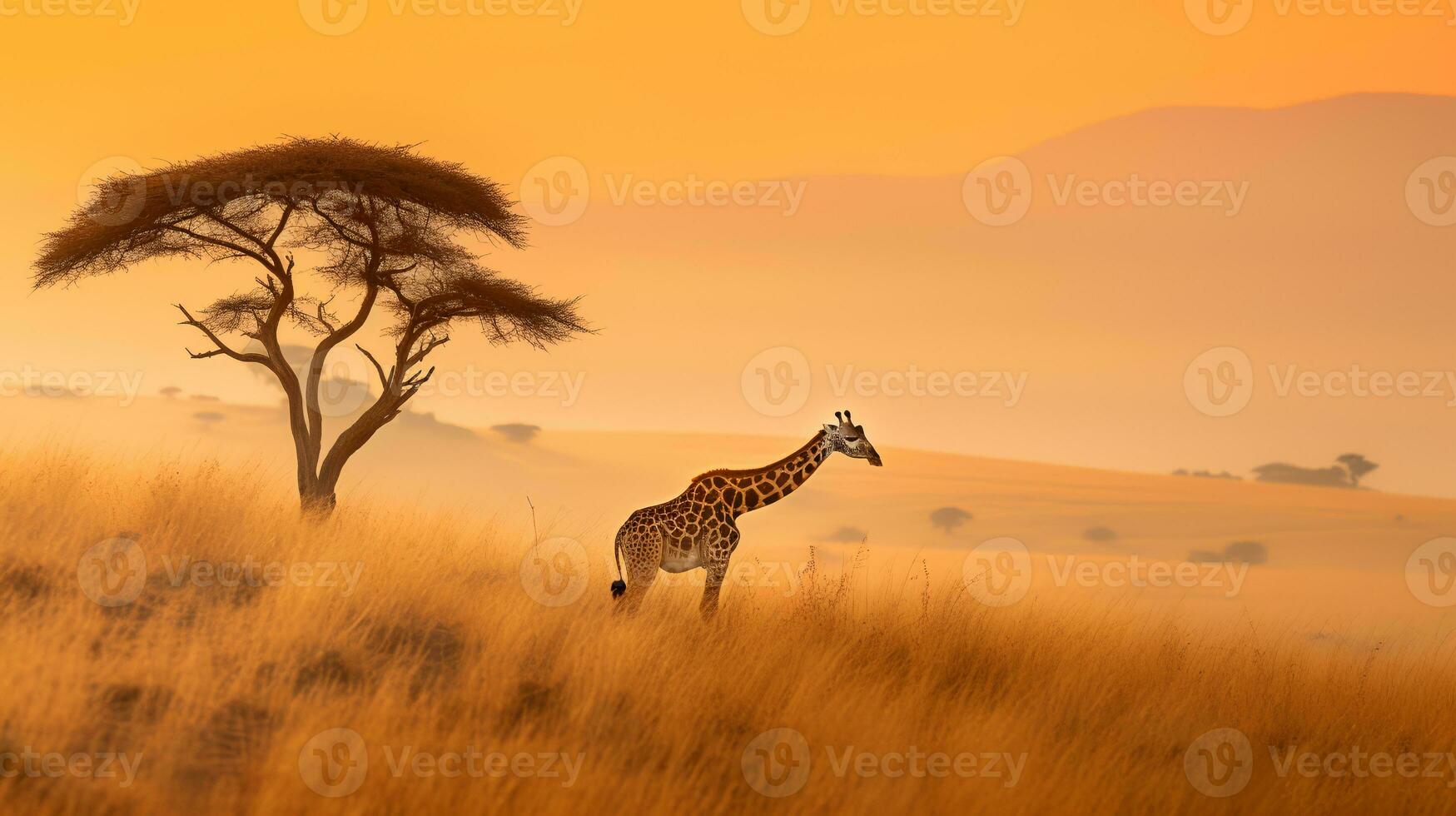 Photo of giraffe on savanna at sunset. Generative AI