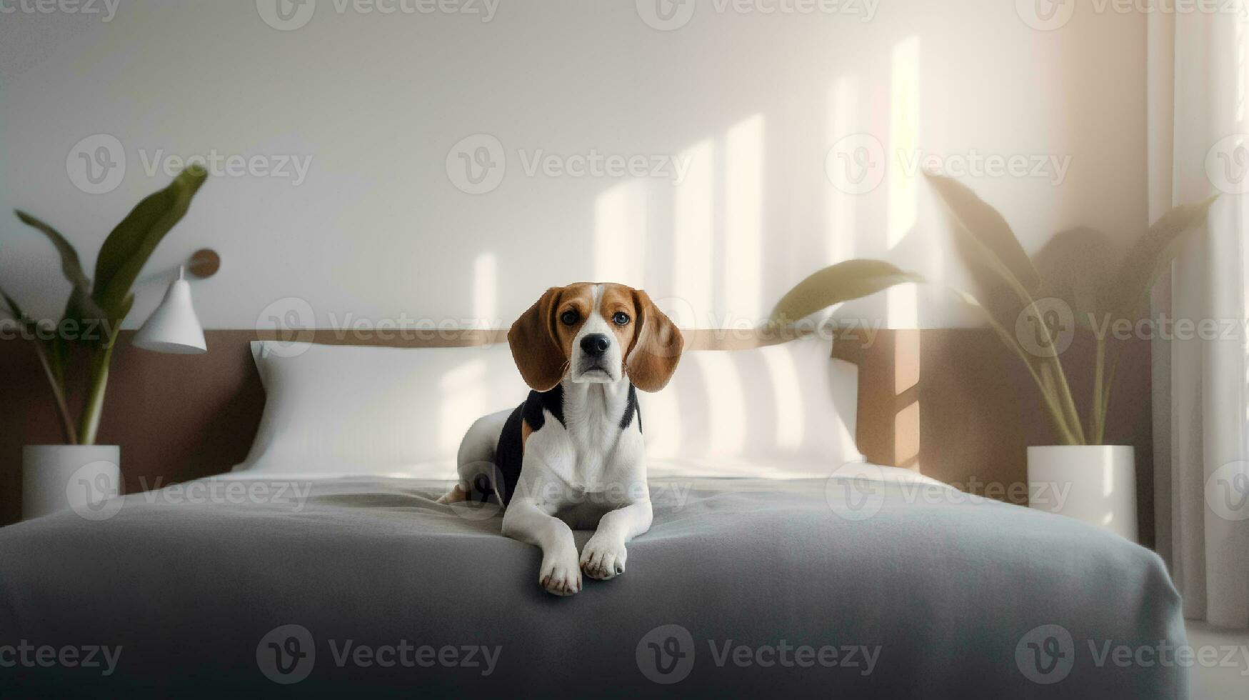 beagle dog lying on bed in hotel with contemporary interior design. Generative AI photo