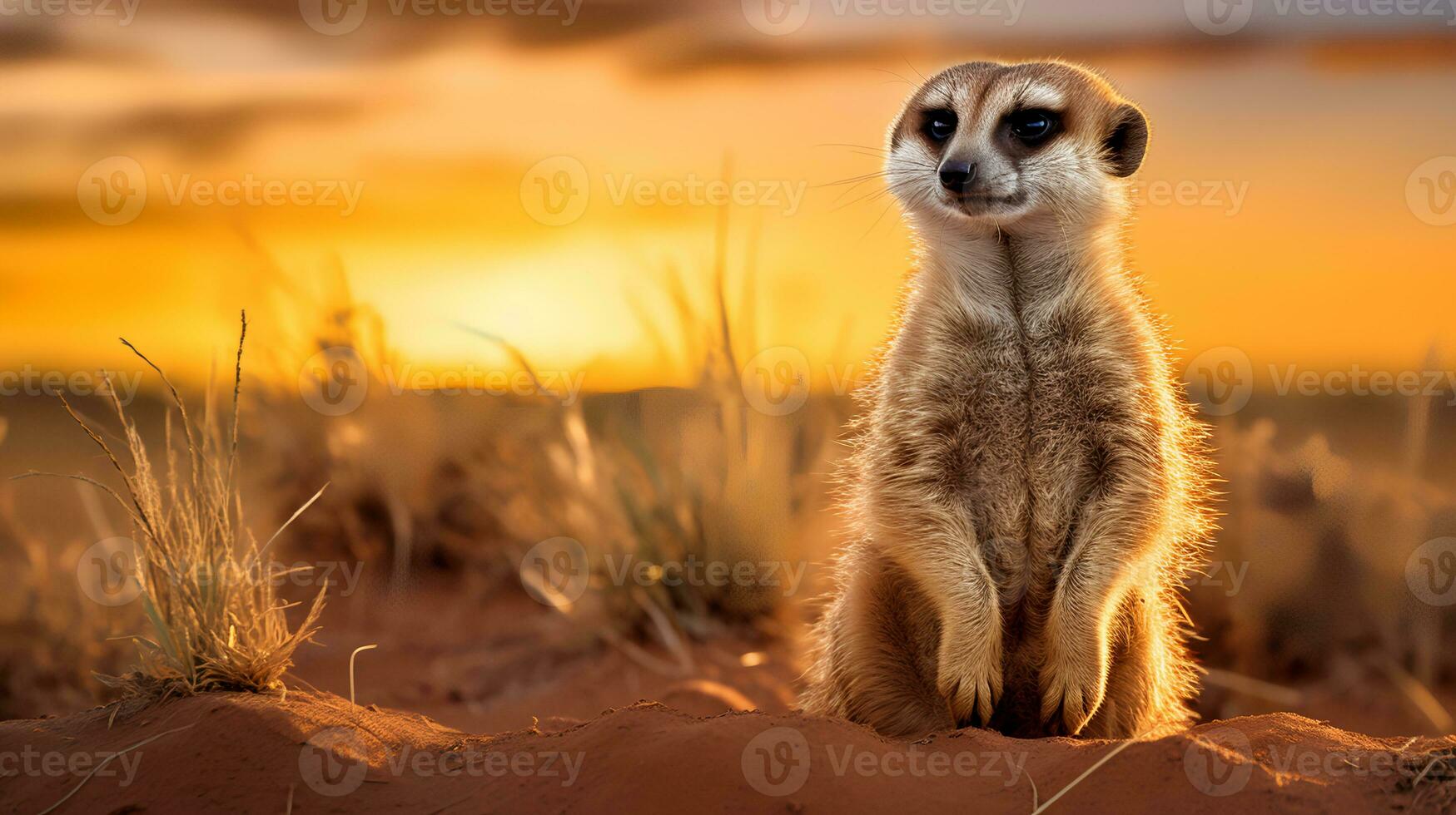 Photo of Meerkat on savanna at sunset. Generative AI