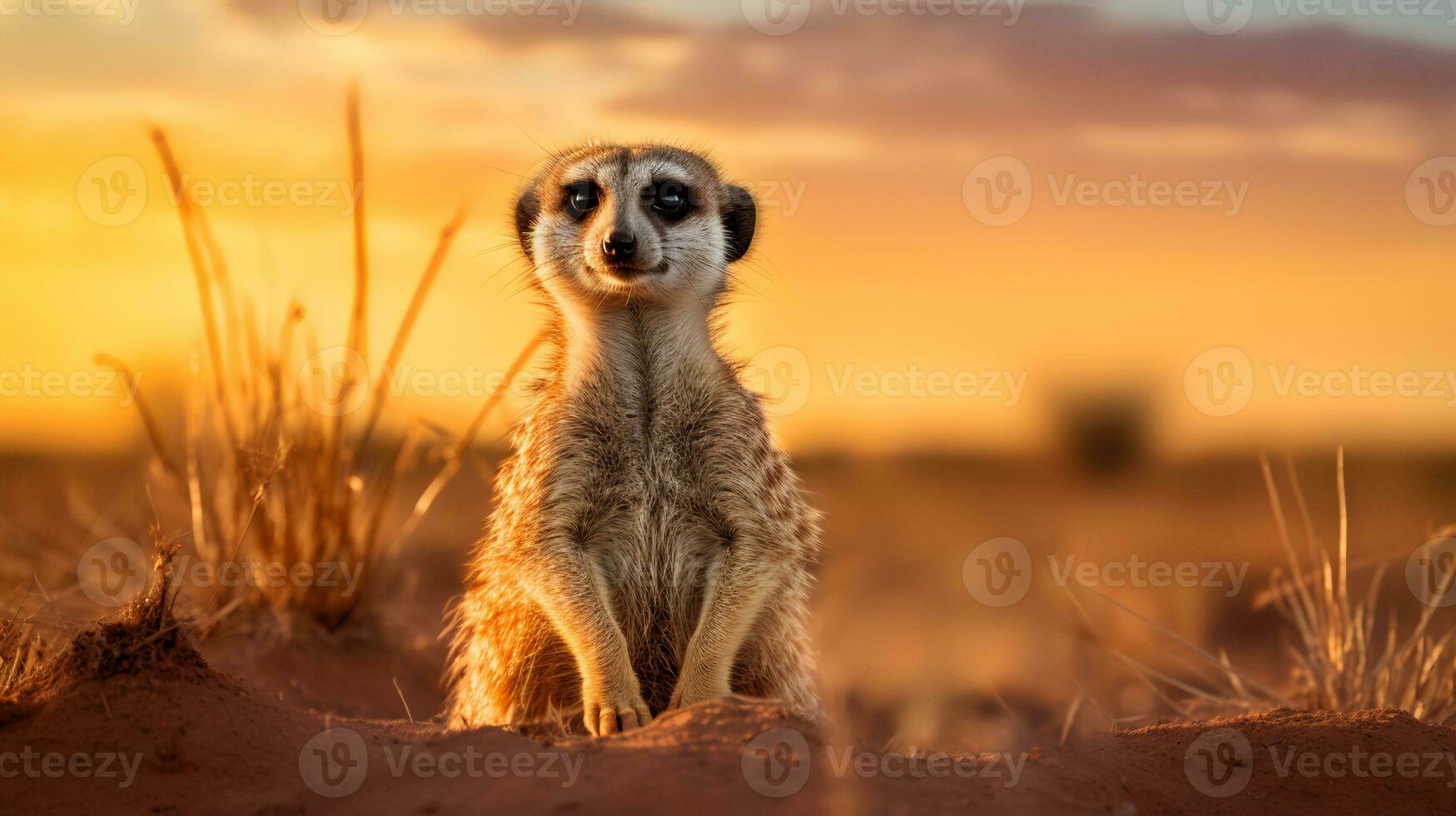 Photo of Meerkat on savanna at sunset. Generative AI