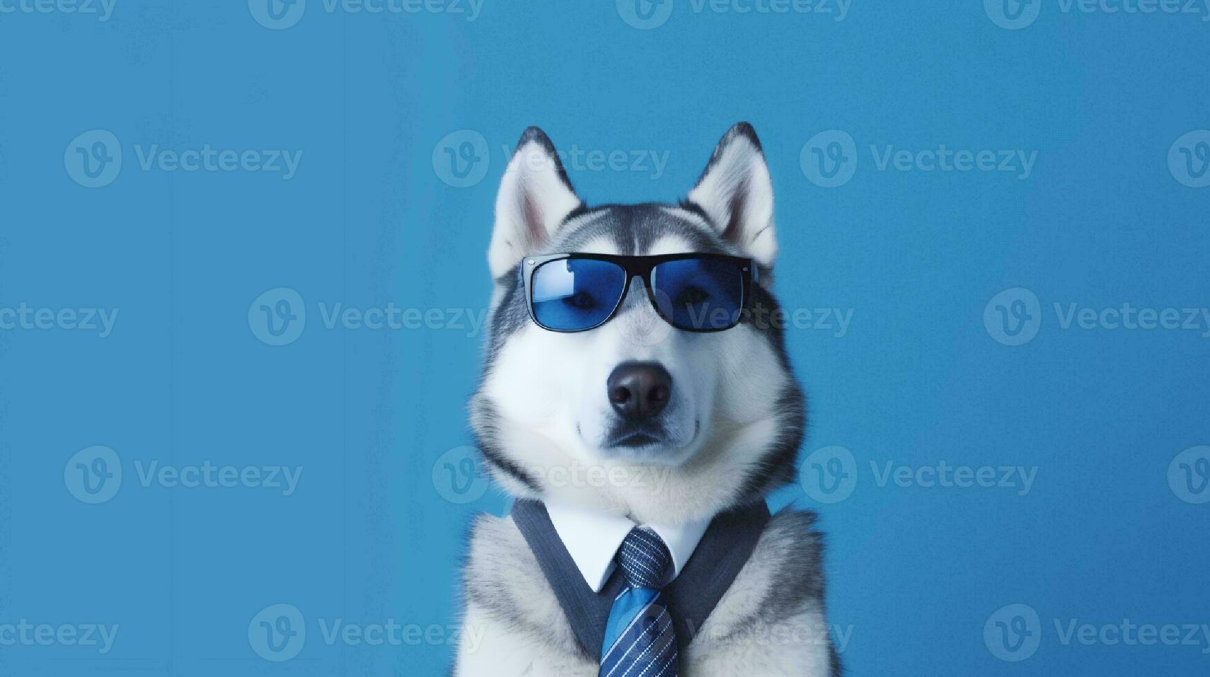 Photo of haughty siberian husky using glasses  and office suit on white background. Generative AI