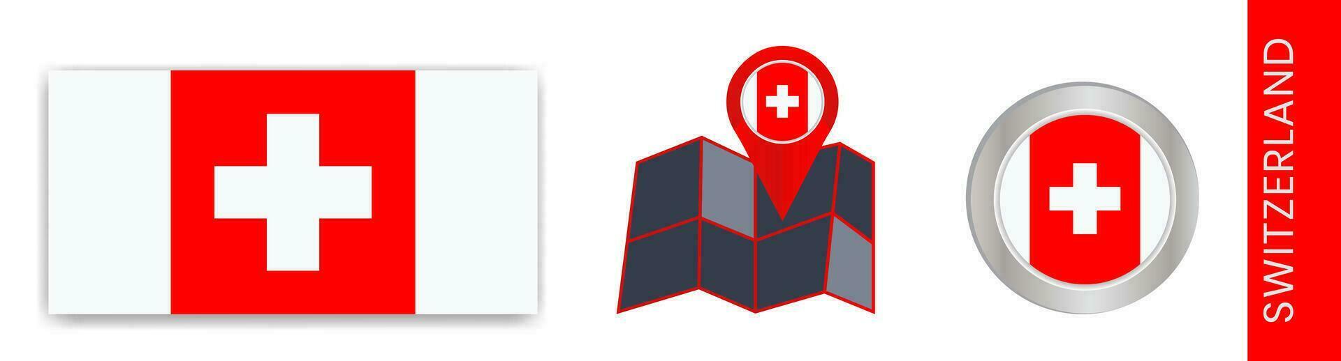 Collection of Swiss national flags isolated in official colors and Swiss map icons with country flags. vector