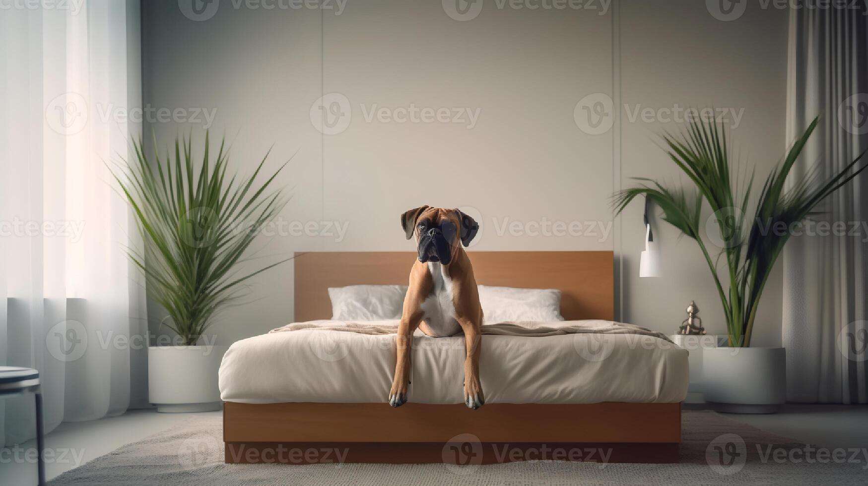 boxer dog lying on bed in hotel with contemporary interior design. Generative AI photo