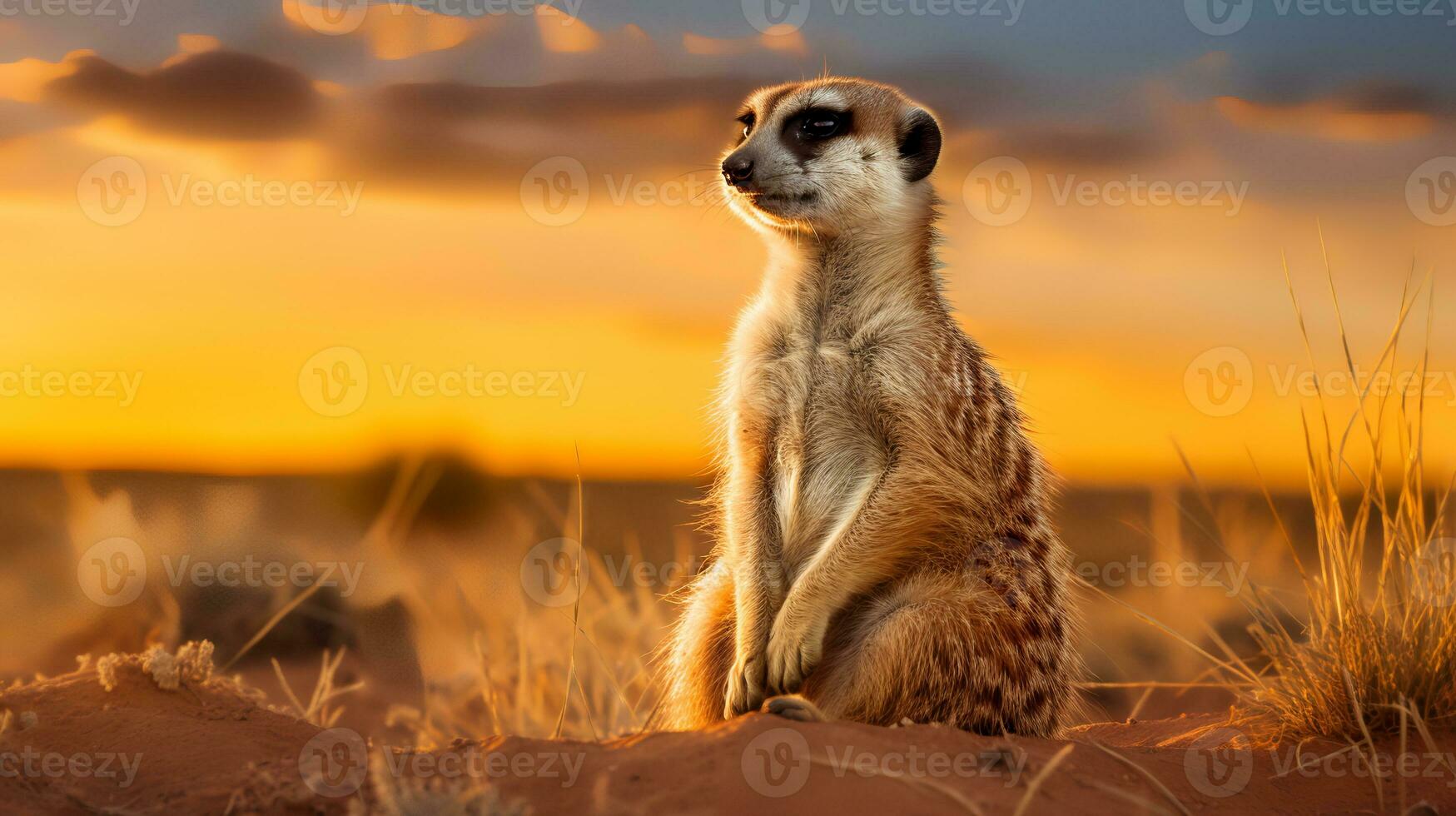 Photo of Meerkat on savanna at sunset. Generative AI