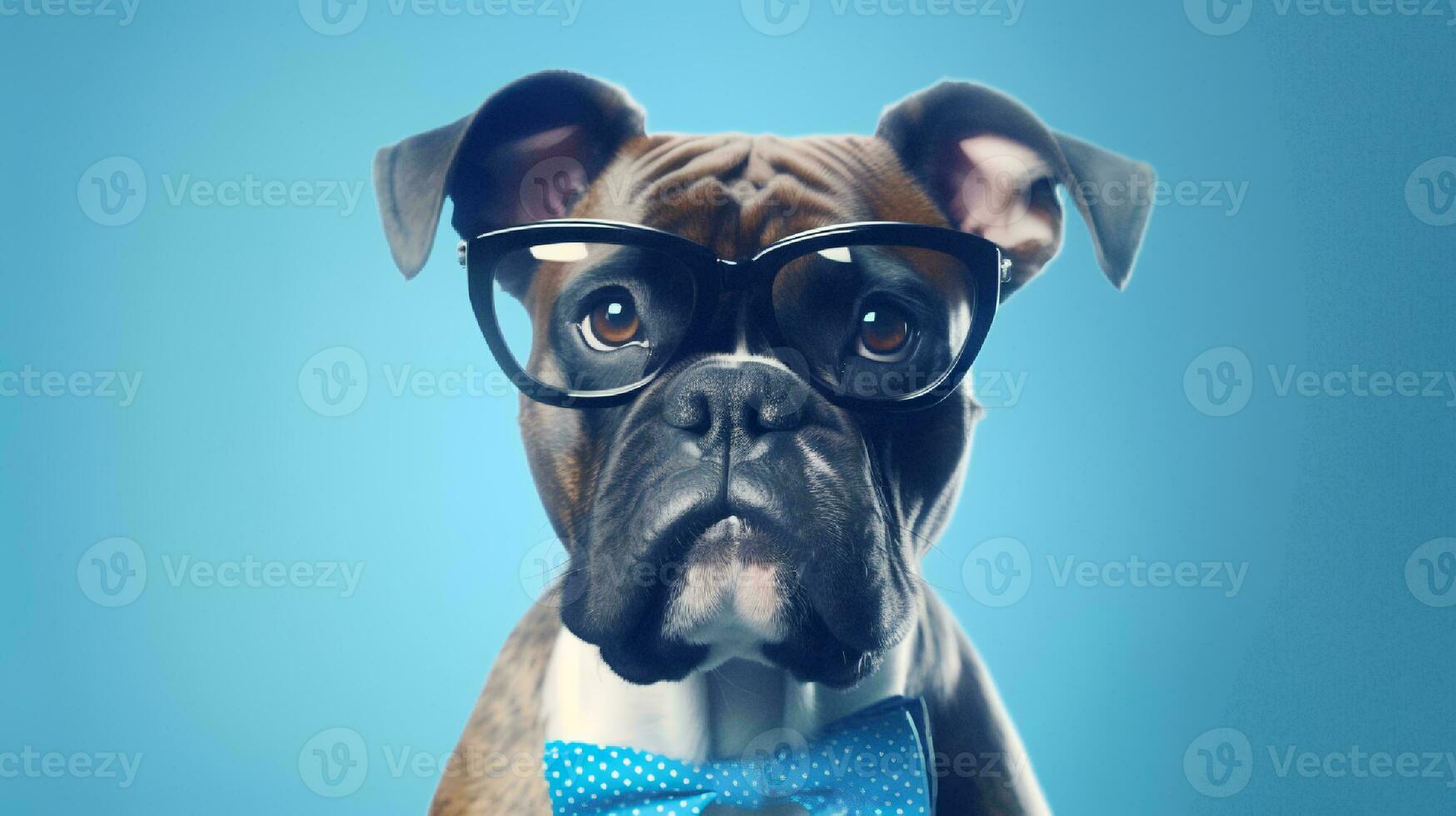 Boxer perro utilizando lentes en azul antecedentes. generativo ai foto