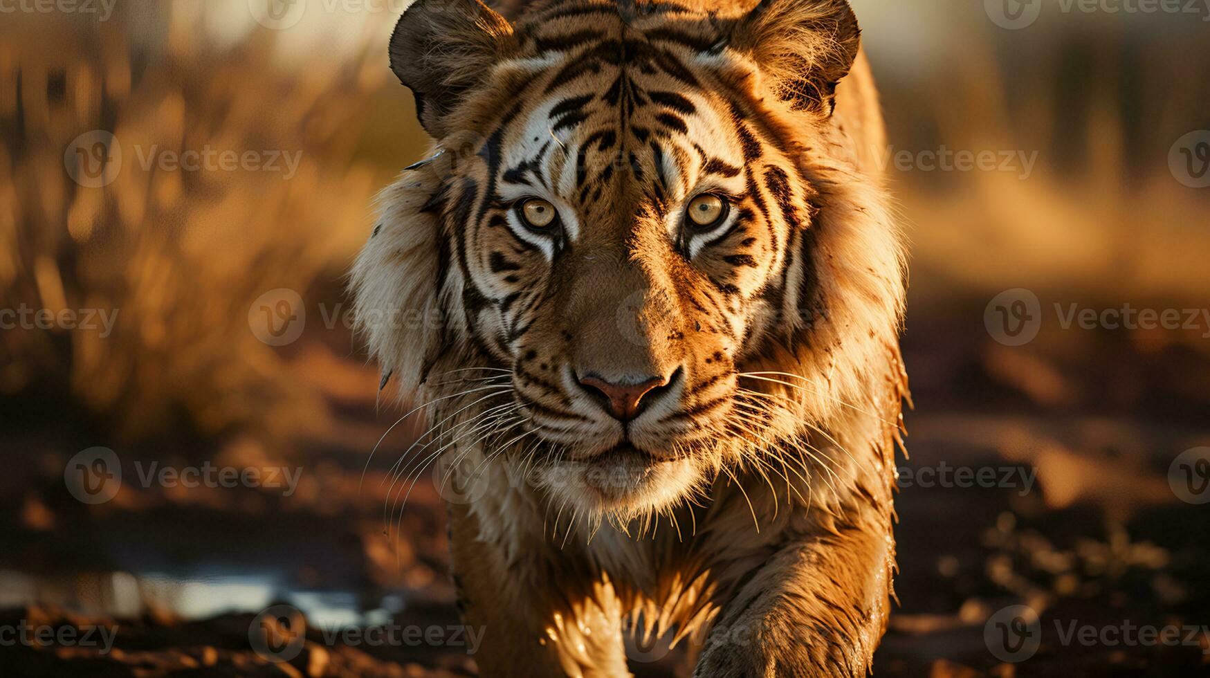 Photo of tiger on savanna at sunset. Generative AI