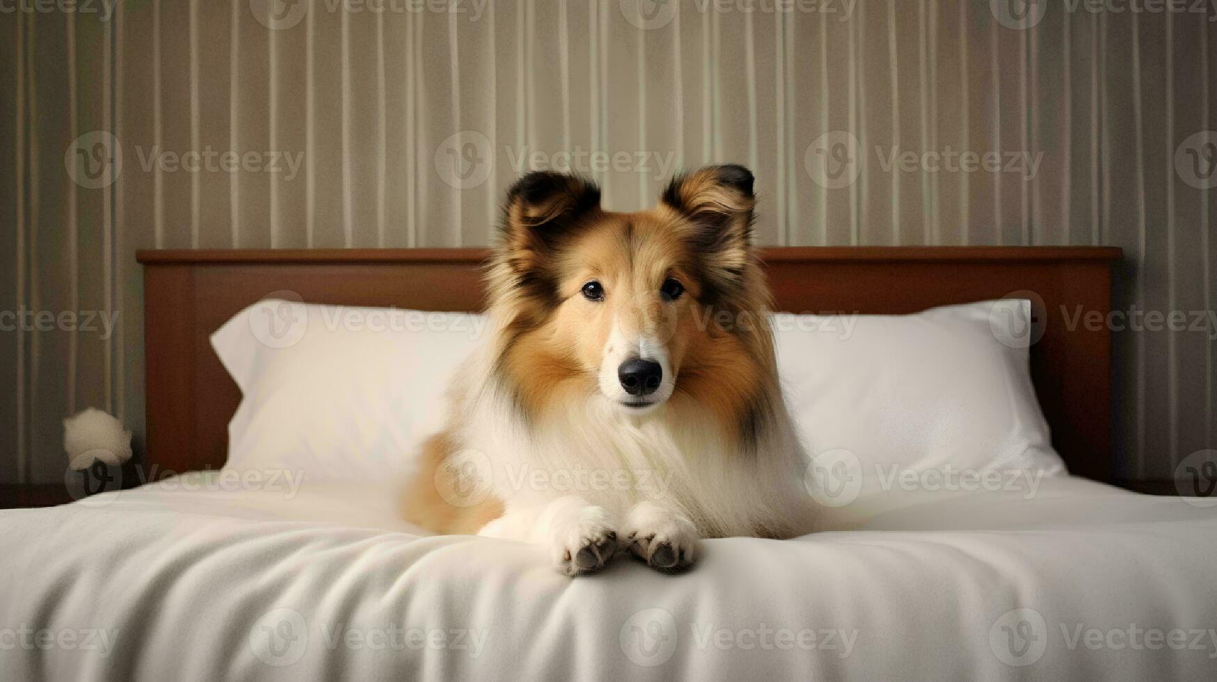 Rough collie dog lying on bed in hotel with contemporary interior design. Generative AI photo